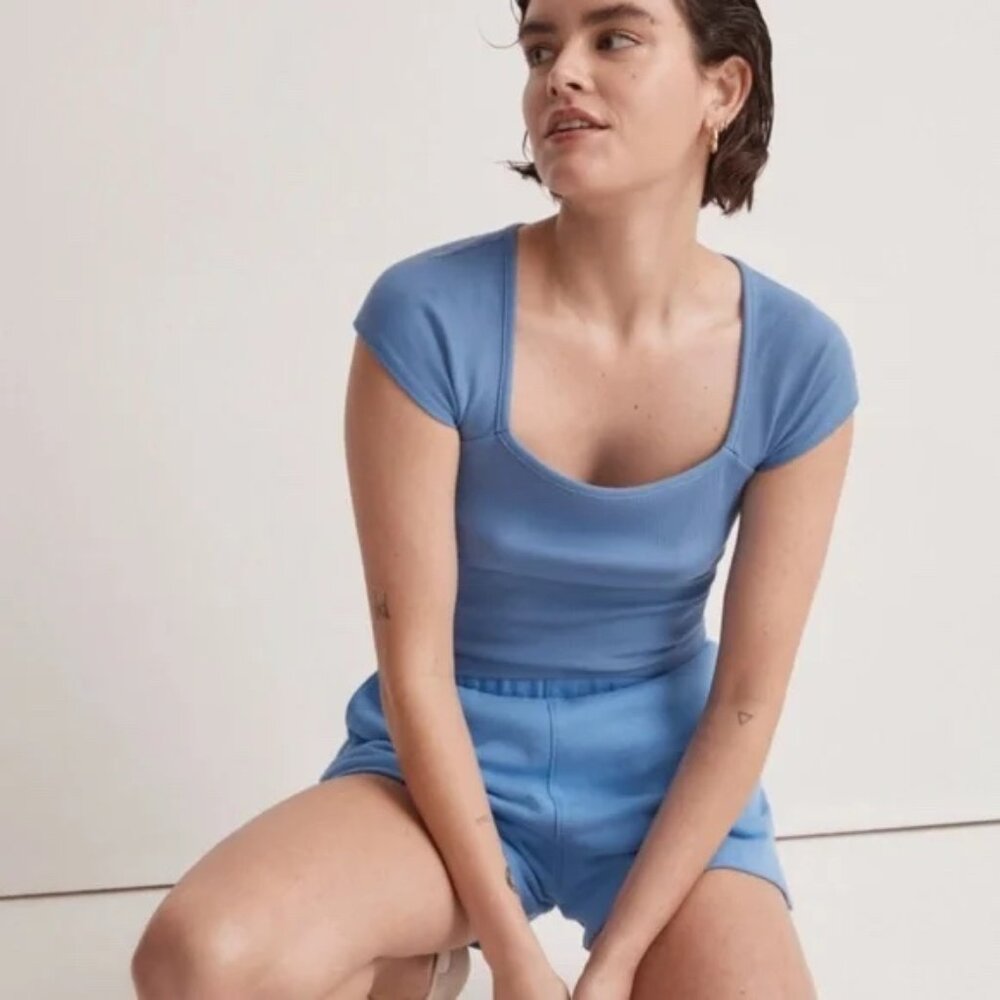 Madewell Brightside Rib Square Neck Tee in Blue Size M